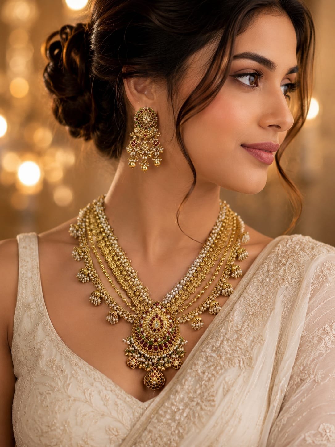 Woman wearing the ornate Noor bridal necklace and earrings