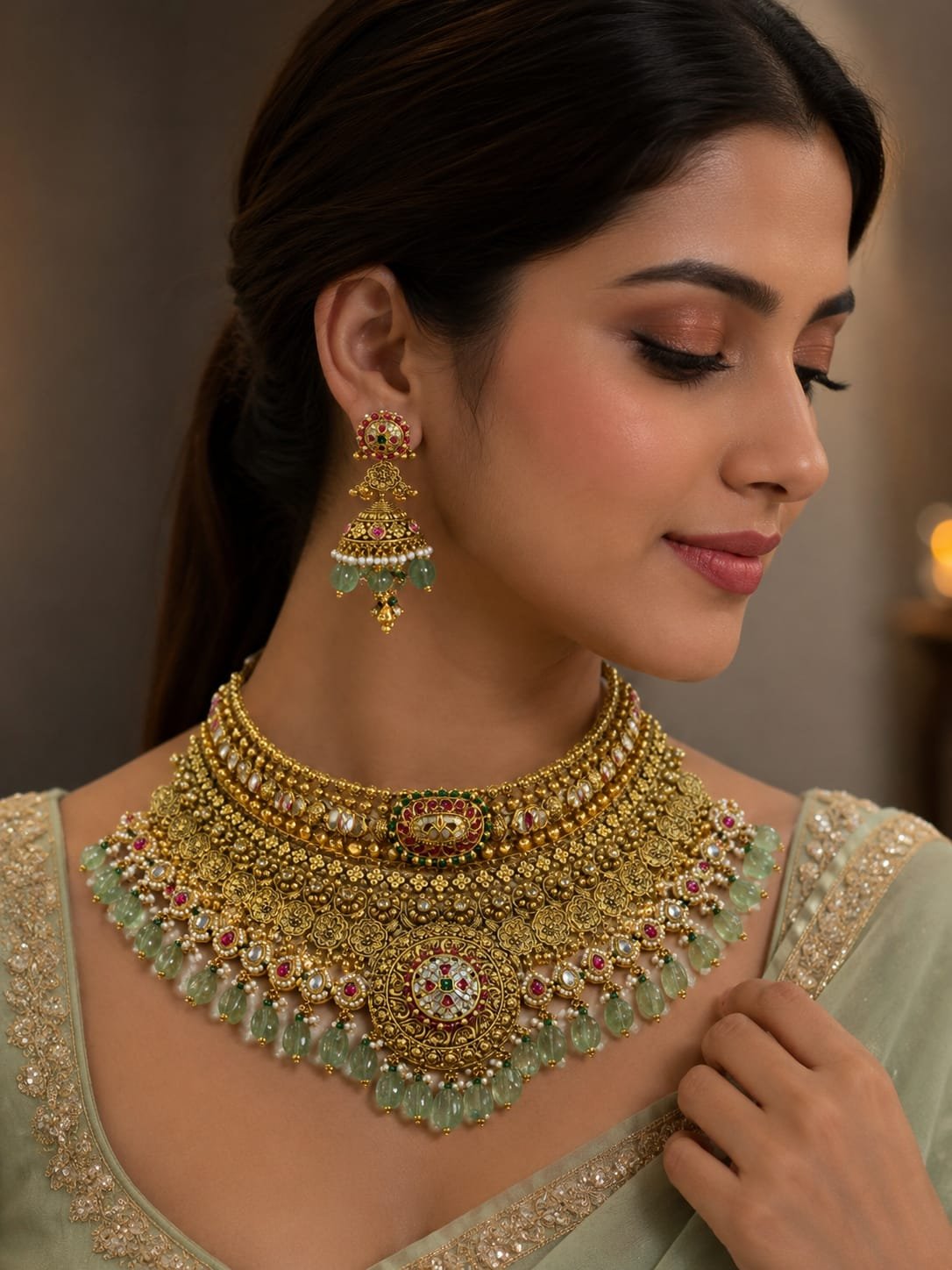 Woman wearing ornate gold and ruby Gul Jhumka earrings