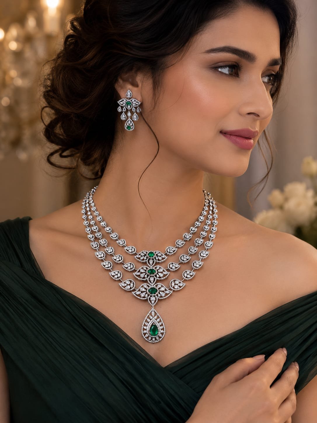 Woman wearing the delicate gold and emerald Meher Necklace