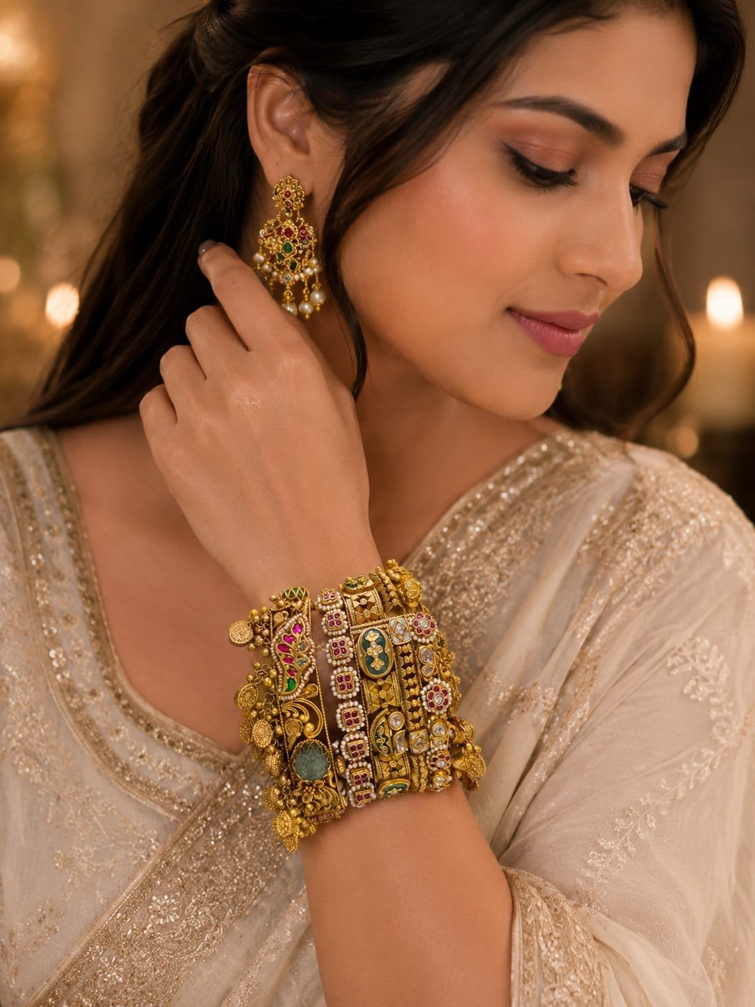 Woman wearing the Nira gold pendant