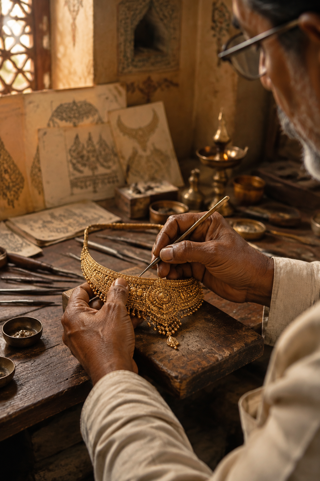 An artisan carefully working on a gold necklace